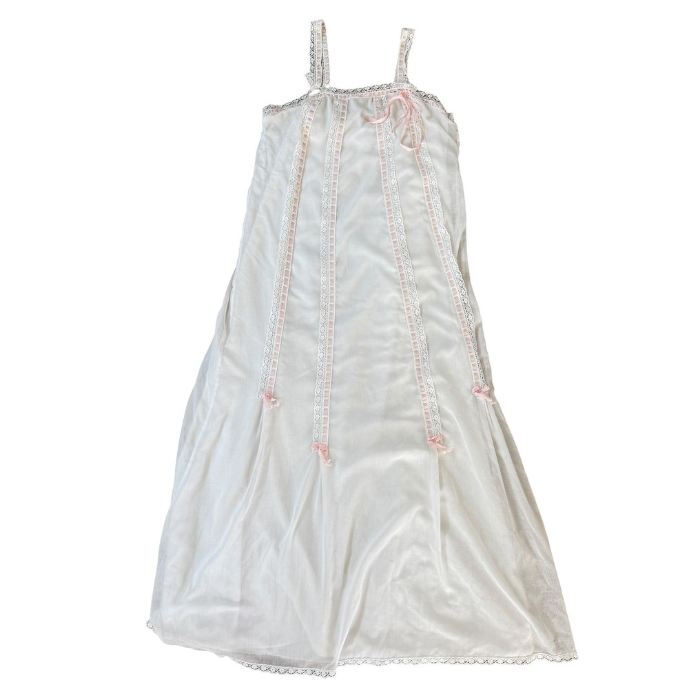 Vintage 70s White Cotton Tricot Nightgown Pink Ribbon Lace Romantic Dress Bridal